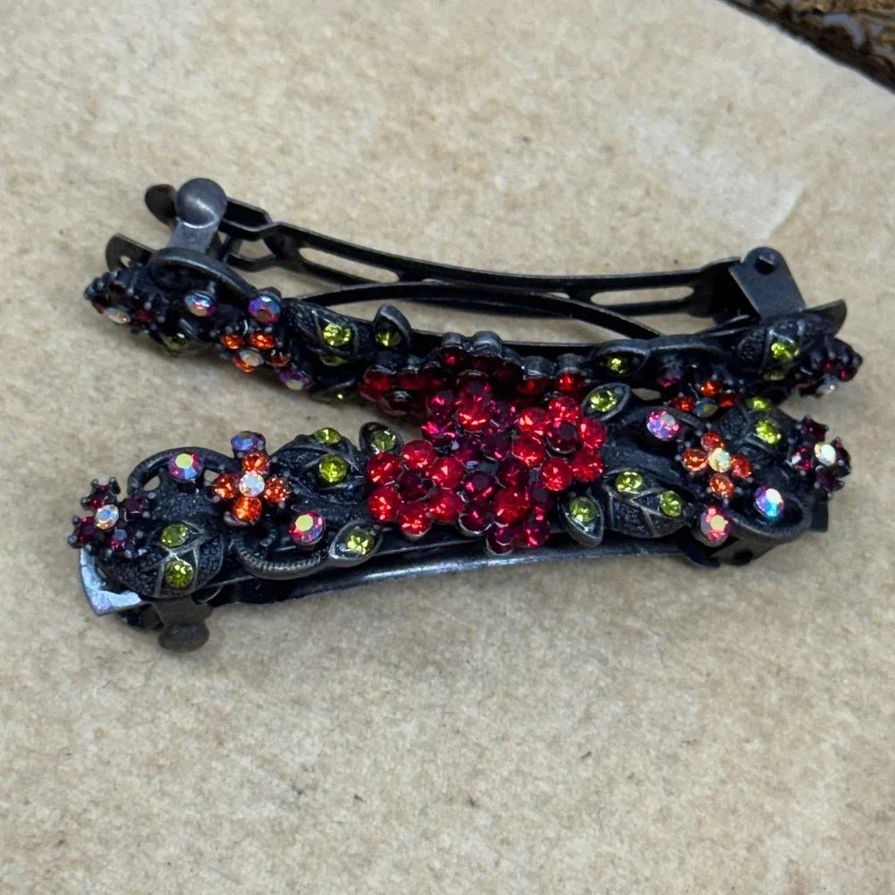Vintage Style Floral Rhinestone Hair Barrettes Set of 2 Red Green Gunmetal Tone